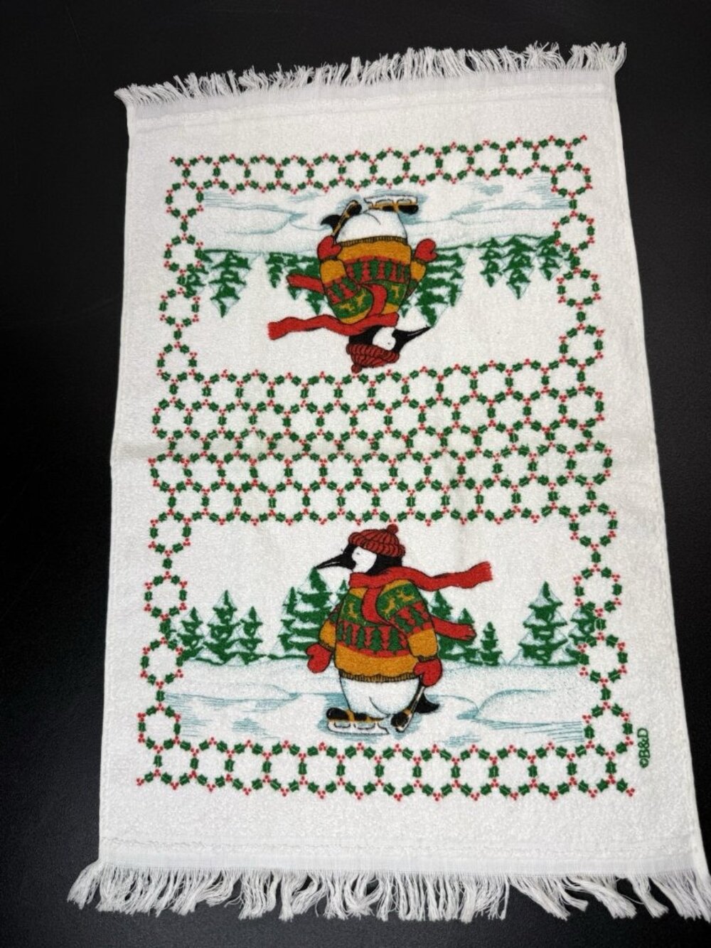 Vintage Kitchen Towel Christmas Ice Skating Penguin Cotton Dish Towel
